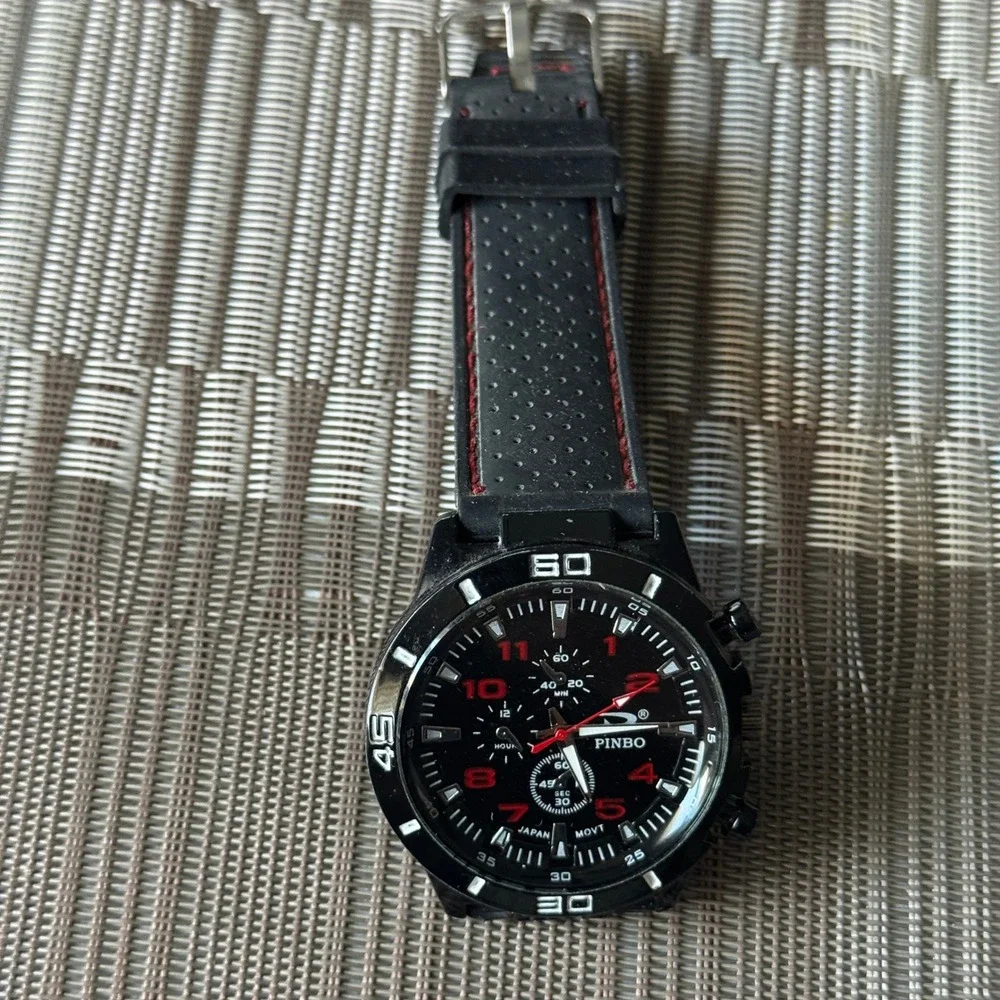 Pinbo Mens Sport Watch Black Red Japan Movt‎ Silicone Band Racing Style Analog